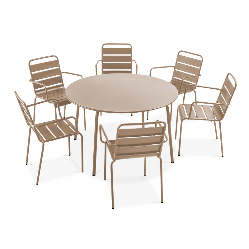 Table de jardin ronde et 6 fauteuils en acier