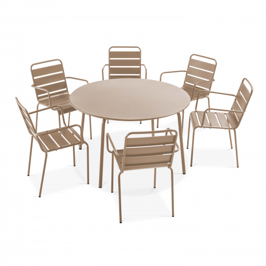 Table de jardin ronde et 6 chaises avec accoudoirs en métal | Oviala