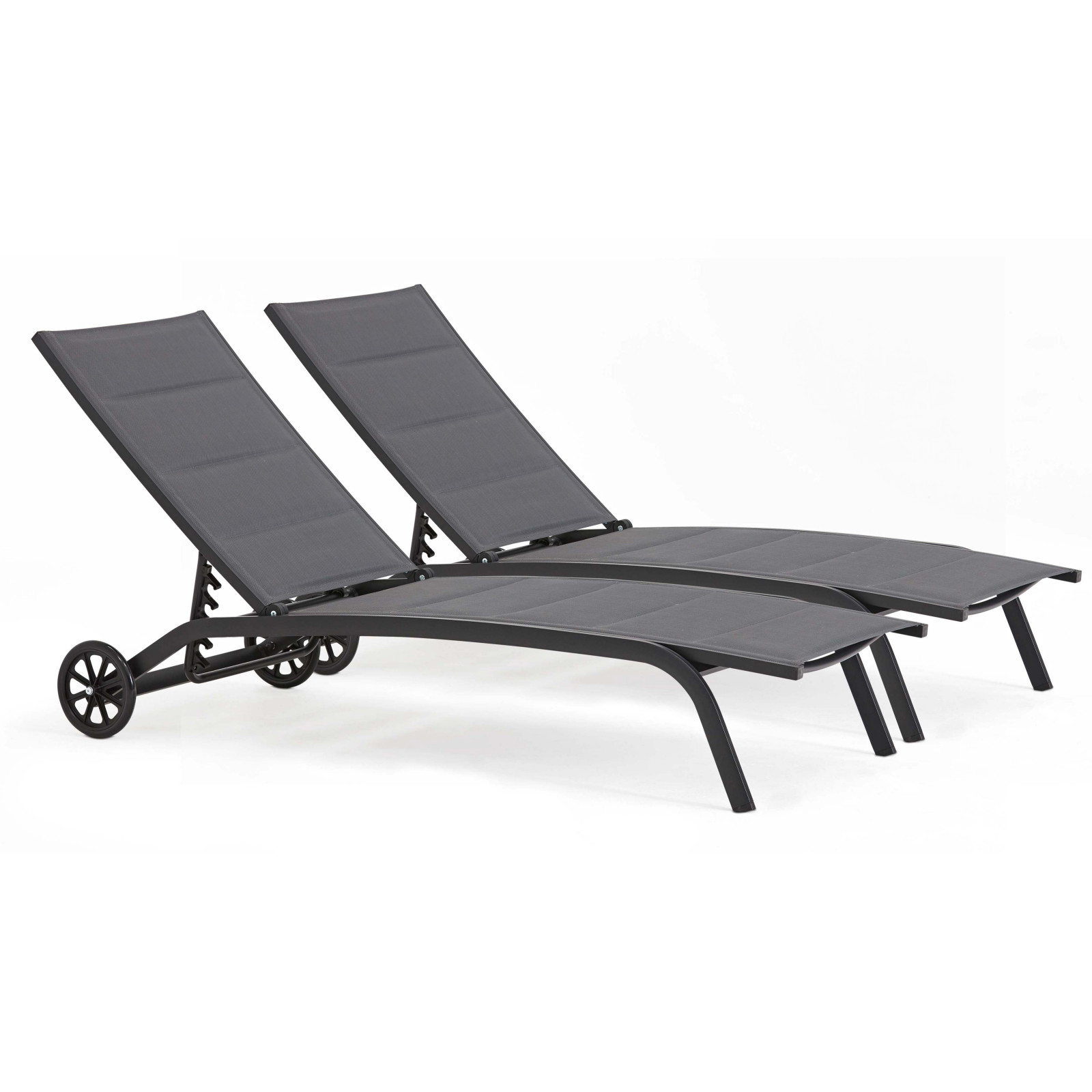 Lot de 2 bains de soleil en aluminium avec roues, inclinables 4 positions