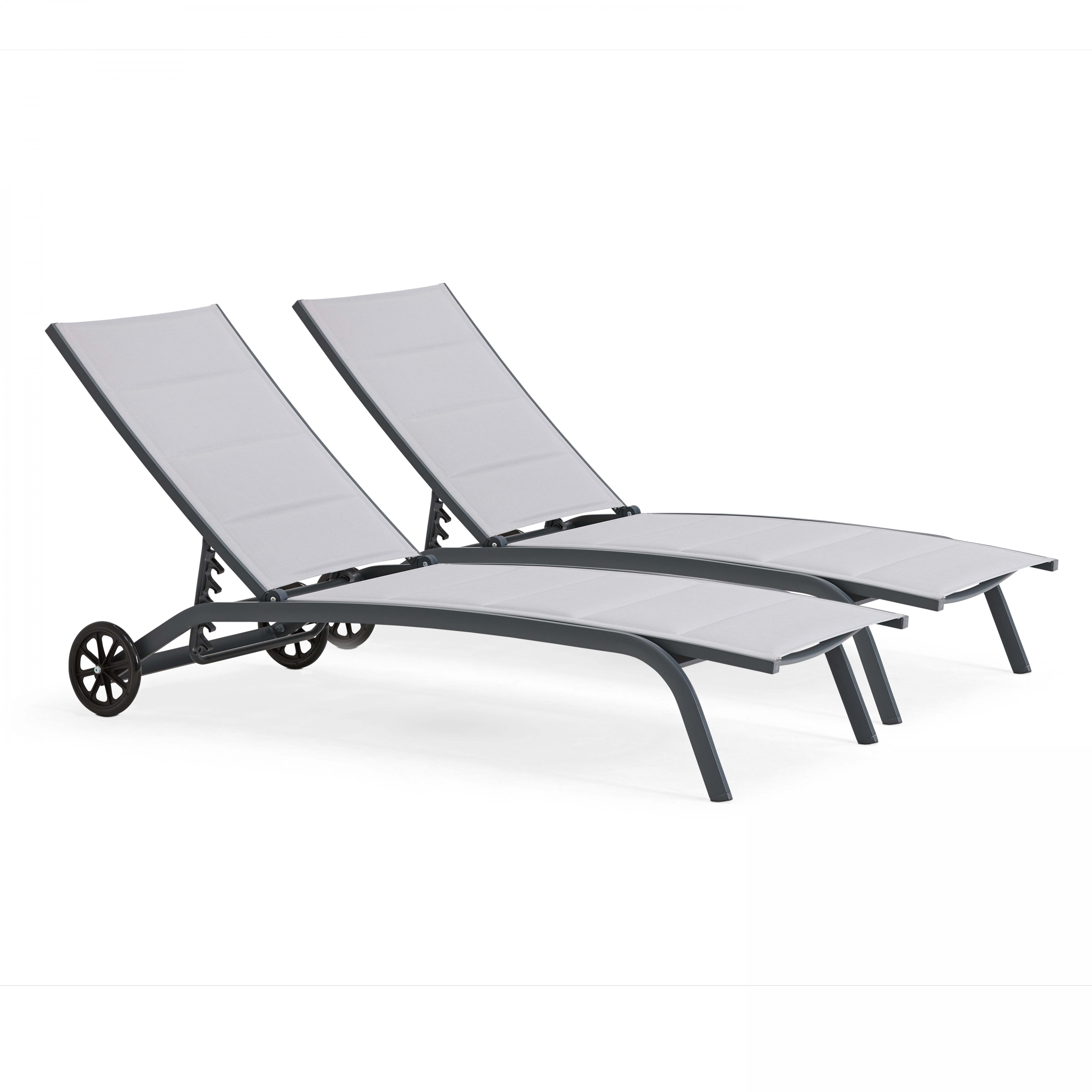 Lot de 2 bains de soleil en aluminium avec roues, inclinables 4 positions