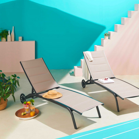 Lot de 2 bains de soleil en aluminium avec roues, inclinables 4 positions