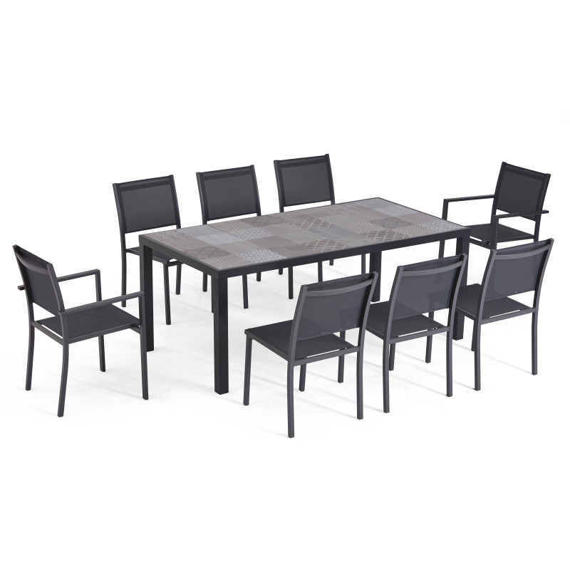 Ensemble table de jardin en aluminium et céramique motif Patchwork, avec 6 chaises et 2 fauteuils