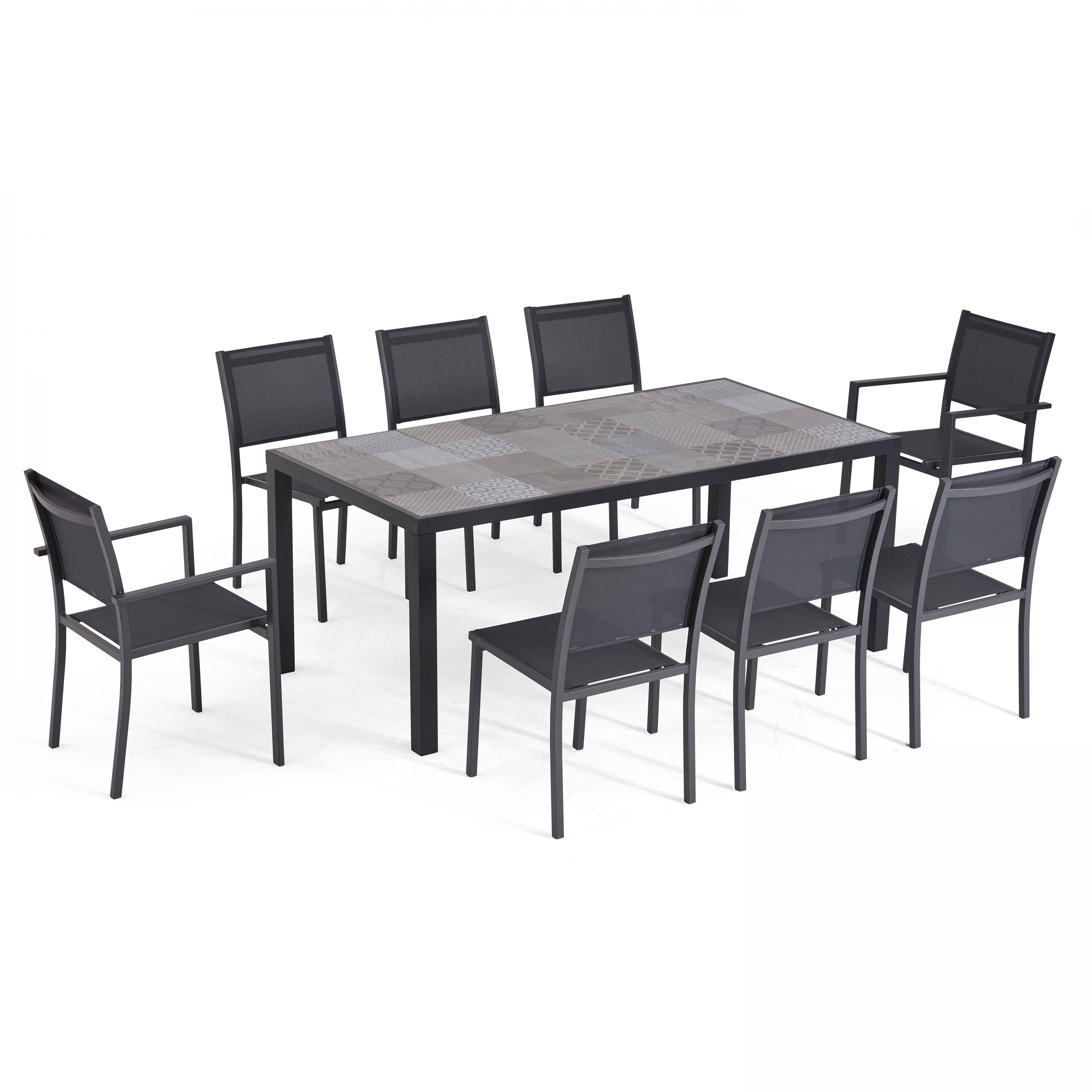 Ensemble table de jardin en aluminium et céramique motif Patchwork, avec 6 chaises et 2 chaises avec