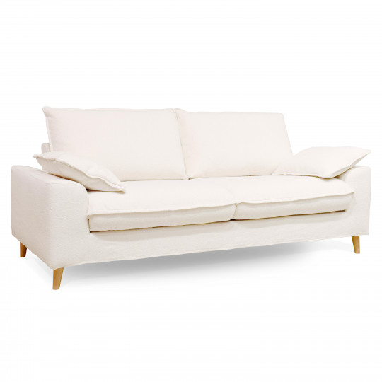 Canapé convertible 3 places en tissu bouclette crème déhoussable avec coussins | Oviala