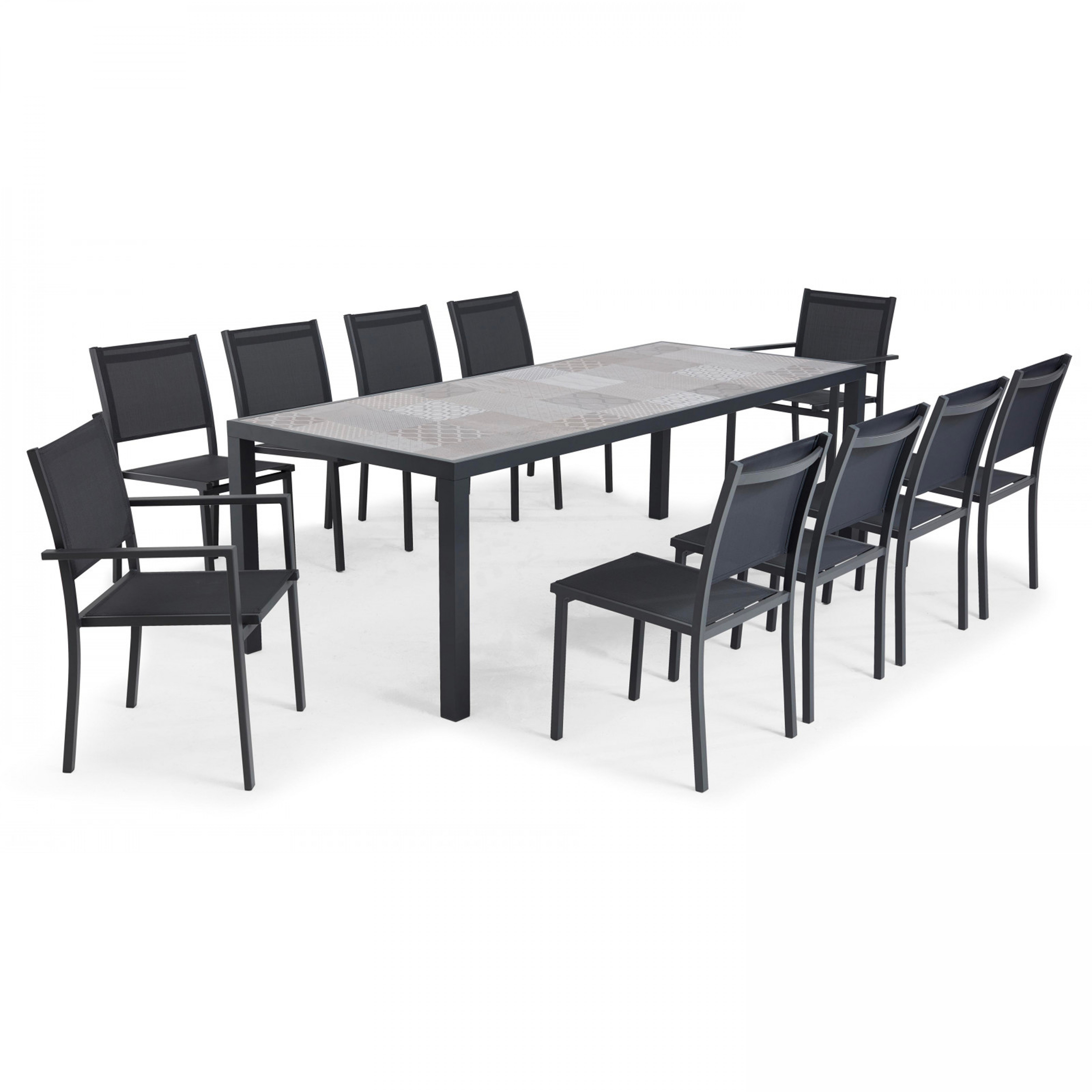 Table de jardin en céramique motif Patchwork avec 8 chaises et 2 chaises avec accoudoirs