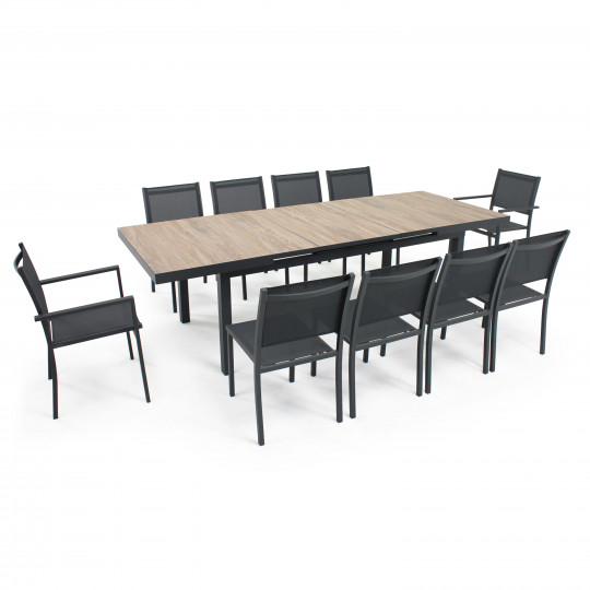 Table de jardin extensible pieds droits avec 8 chaises et 2 fauteuils