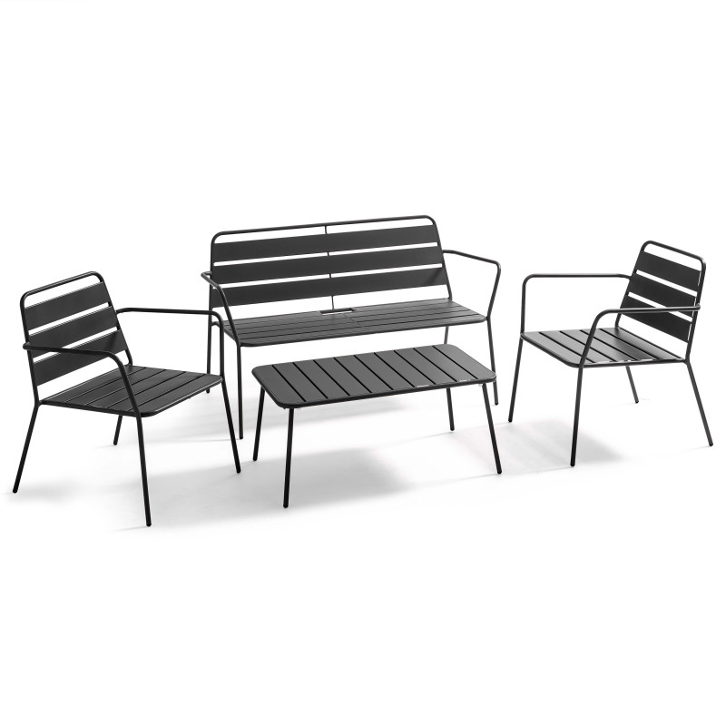Salon de jardin 4 places en métal, 1 table basse, 2 fauteuils, 1 canapé