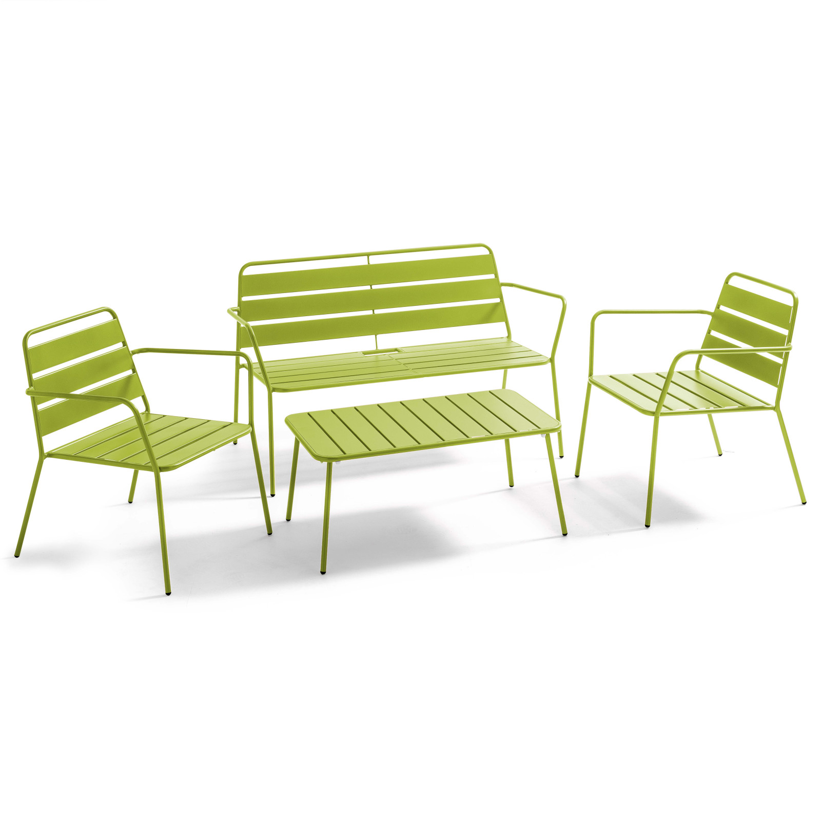 Salon de jardin 4 places en métal, 1 table basse, 2 fauteuils, 1 canapé