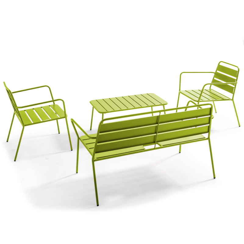 Salon de jardin 4 places en métal, 1 table basse, 2 fauteuils, 1 canapé