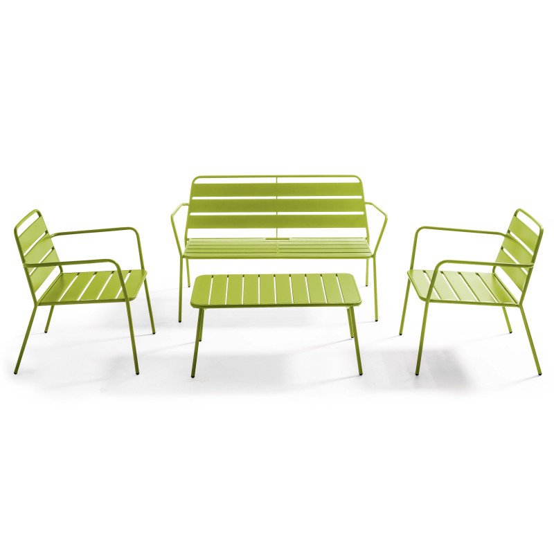 Salon de jardin 4 places en métal, 1 table basse, 2 fauteuils, 1 canapé