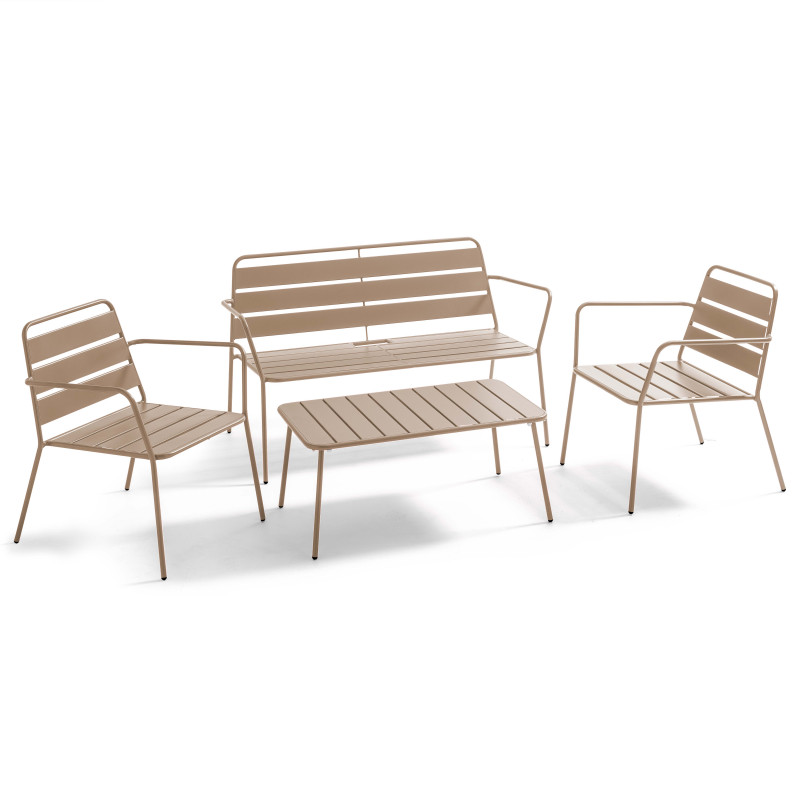 Salon de jardin 4 places en métal, 1 table basse, 2 fauteuils, 1 canapé