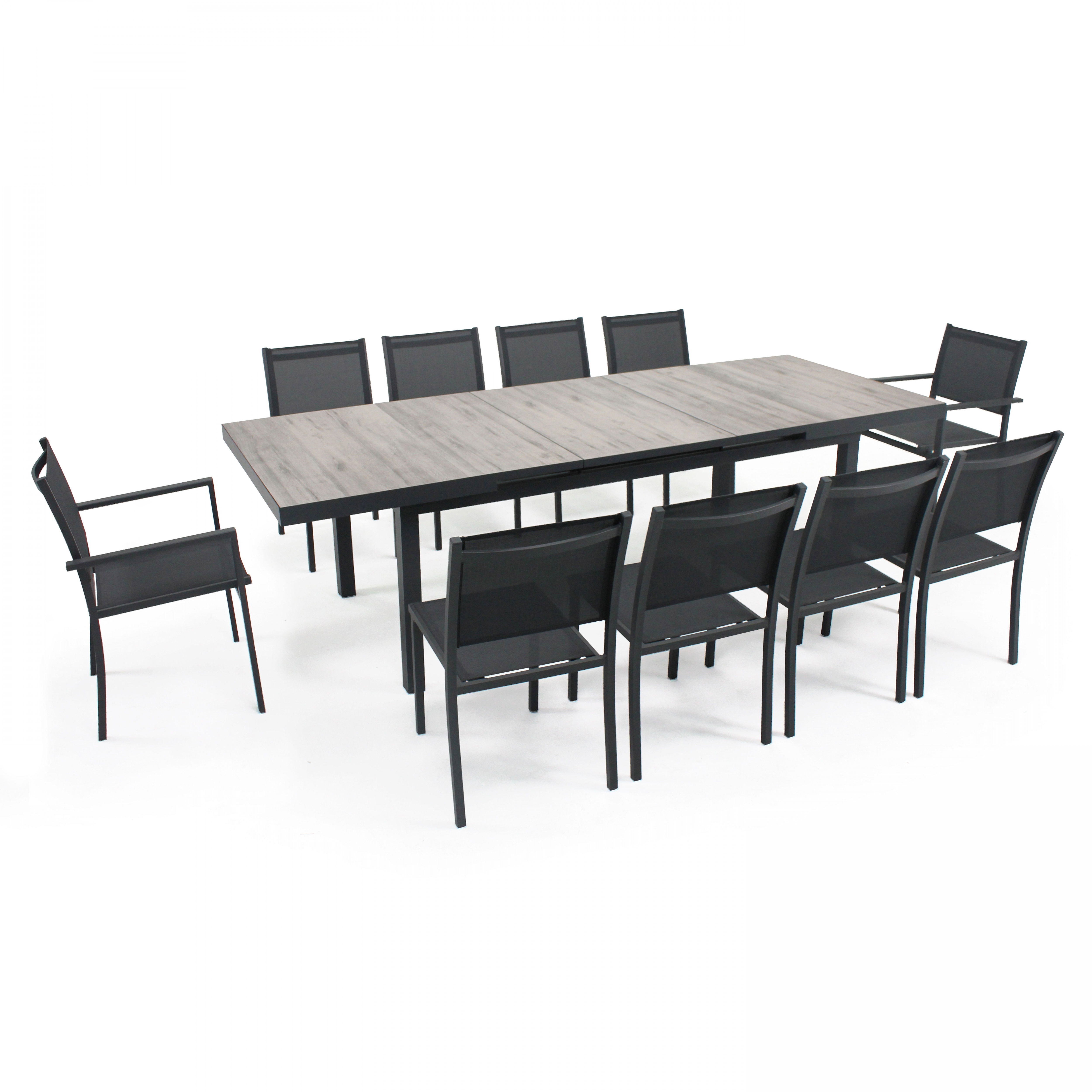 Table extensible (200/260) avec 8 chaises et 2 chaises avec accoudoirs
