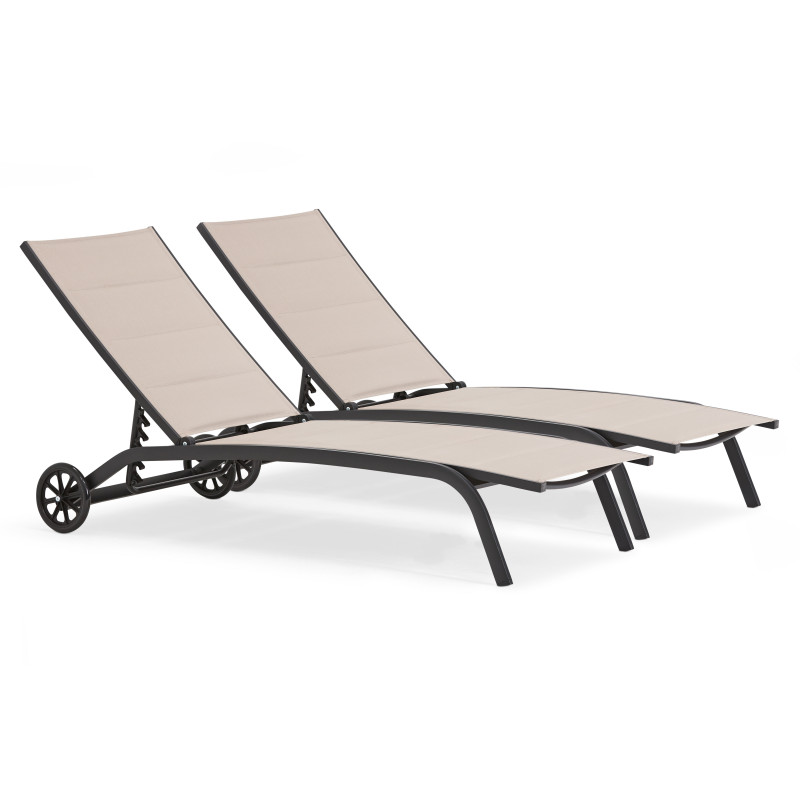 Lot de 2 bains de soleil en aluminium avec roues, inclinables 4 positions