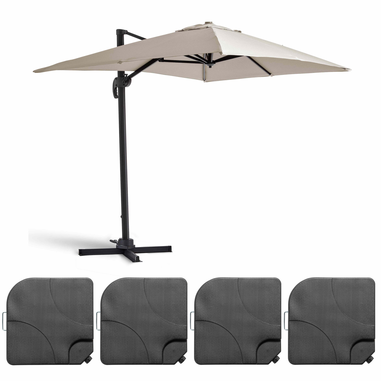 Ensemble parasol déporté rectangulaire 240g/m² (2x3m) rotatif 360° + 4 dalles à lester remplissables
