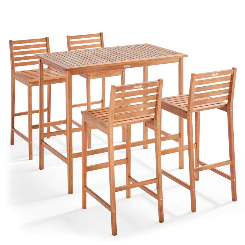 Table de bar (120 x 70 x 110 cm) + 4 chaises hautes en bois d'eucalyptus