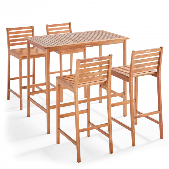 Table de bar (120 x 70 x 110 cm) + 4 chaises hautes en bois d'eucalyptus