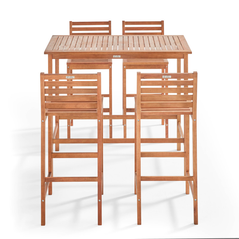 Table de bar (120 x 70 x 110 cm) + 4 chaises hautes en bois d'eucalyptus