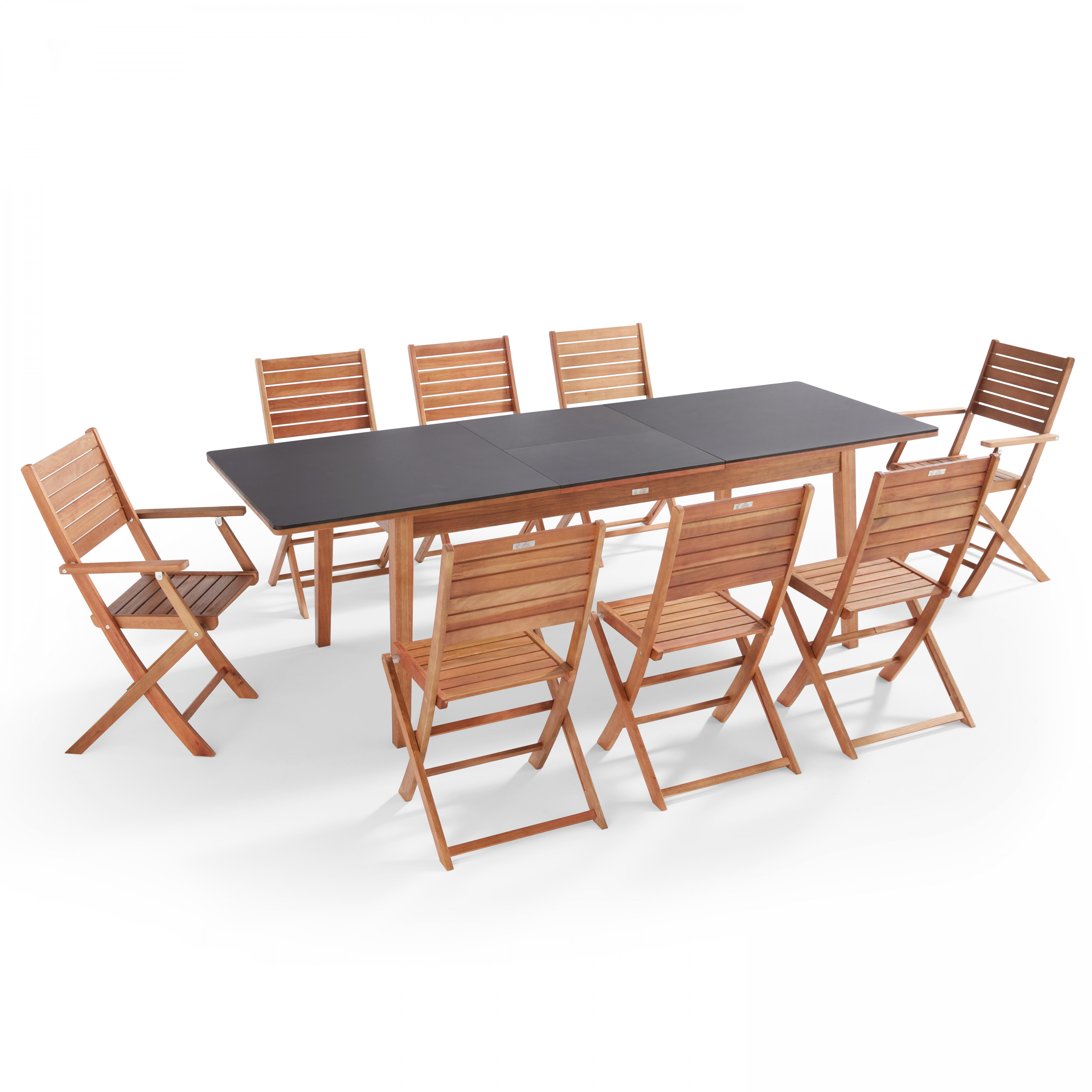 Ensemble table extensible avec 6 chaises et 2 chaises avec accoudoirs pliantes en bois d'eucalyptus