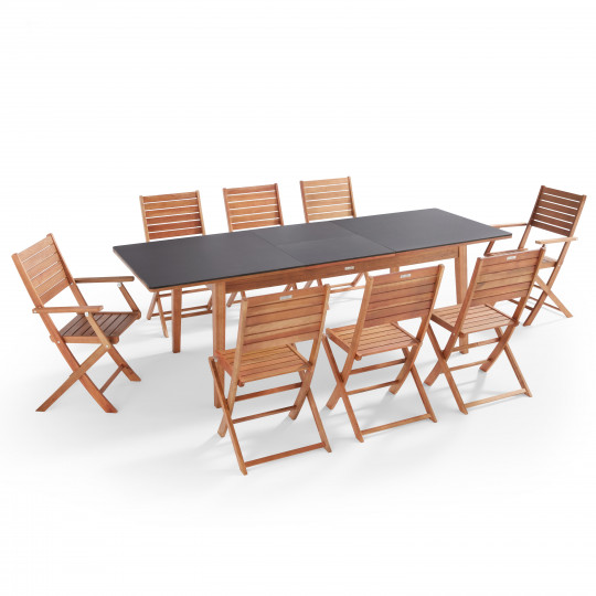Ensemble table extensible avec 6 chaises et 2 fauteuils pliants en bois d'eucalyptus