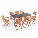 Ensemble table extensible avec 6 chaises et 2 fauteuils pliants en bois d'eucalyptus