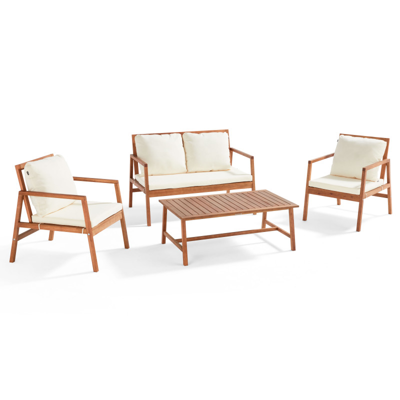 Salon de jardin en bois d'eucalyptus avec 1 canapé, 2 fauteuils et table basse