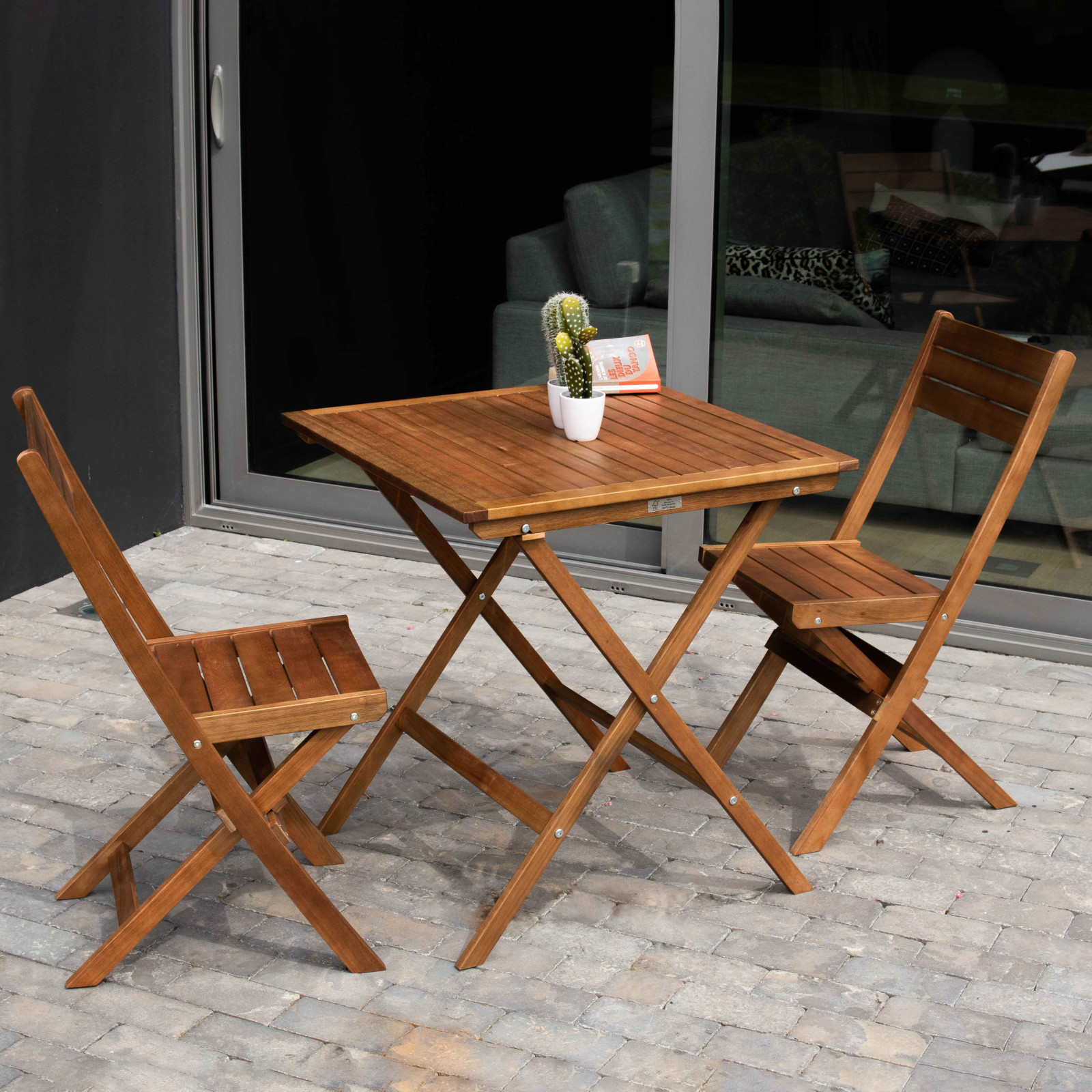 Ensemble table et chaise de jardin pliante en bois d'eucalyptus