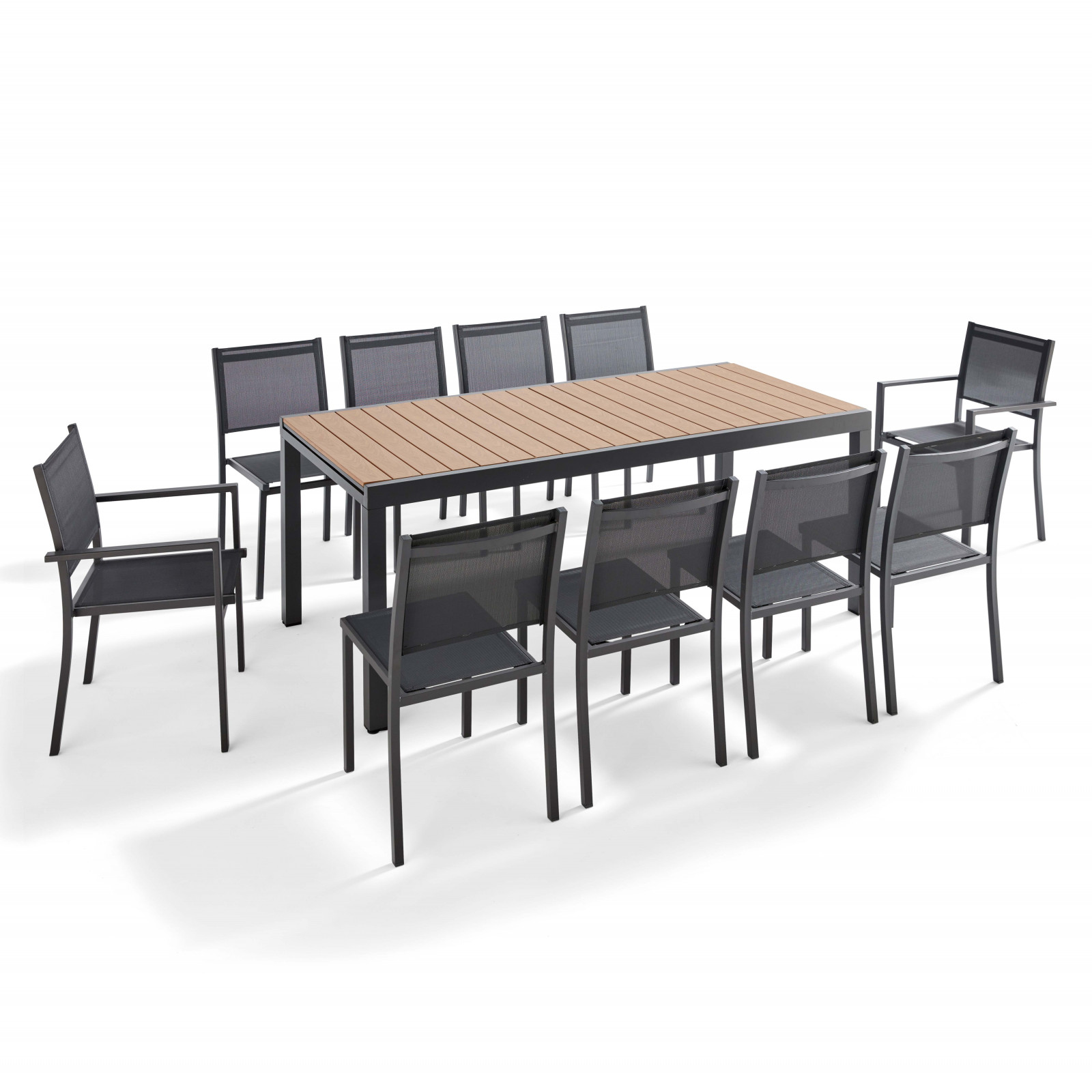 Table de jardin extensible 200/300 cm + 8 chaises et 2 fauteuils