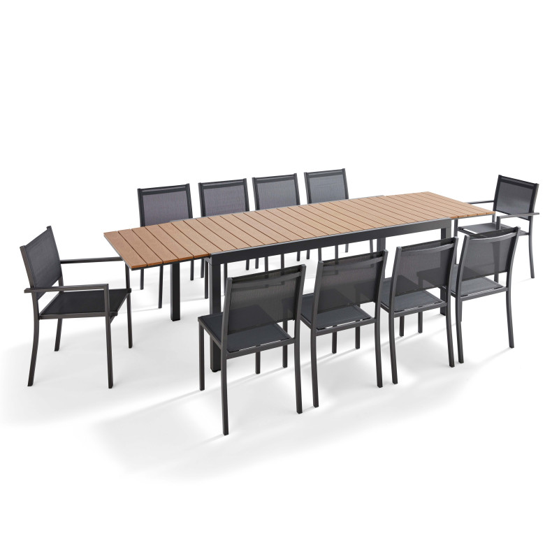 Table de jardin extensible 200/300 cm + 8 chaises et 2 fauteuils