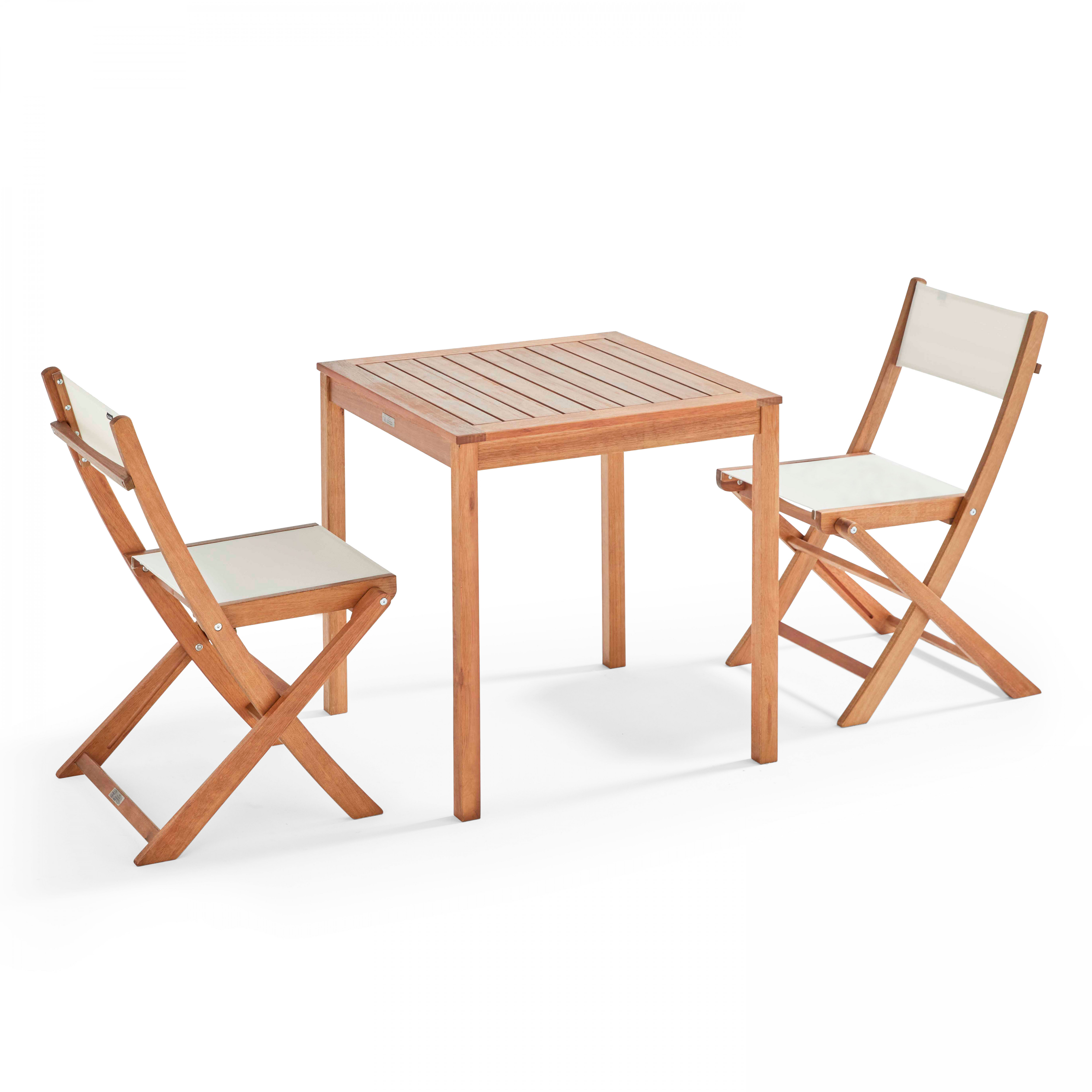 Ensemble table et 2 chaises pliantes en textilène et bois d'eucalyptus