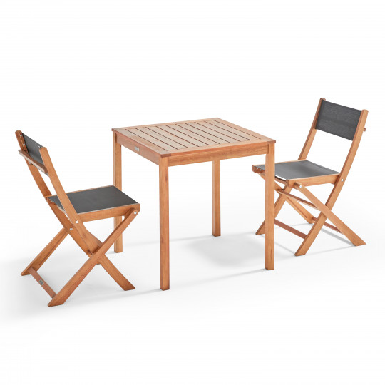 Table de jardin carrée en bois d'eucalyptus FSC® 70x70 cm et 2 chaises pliantes en textilène | Oviala