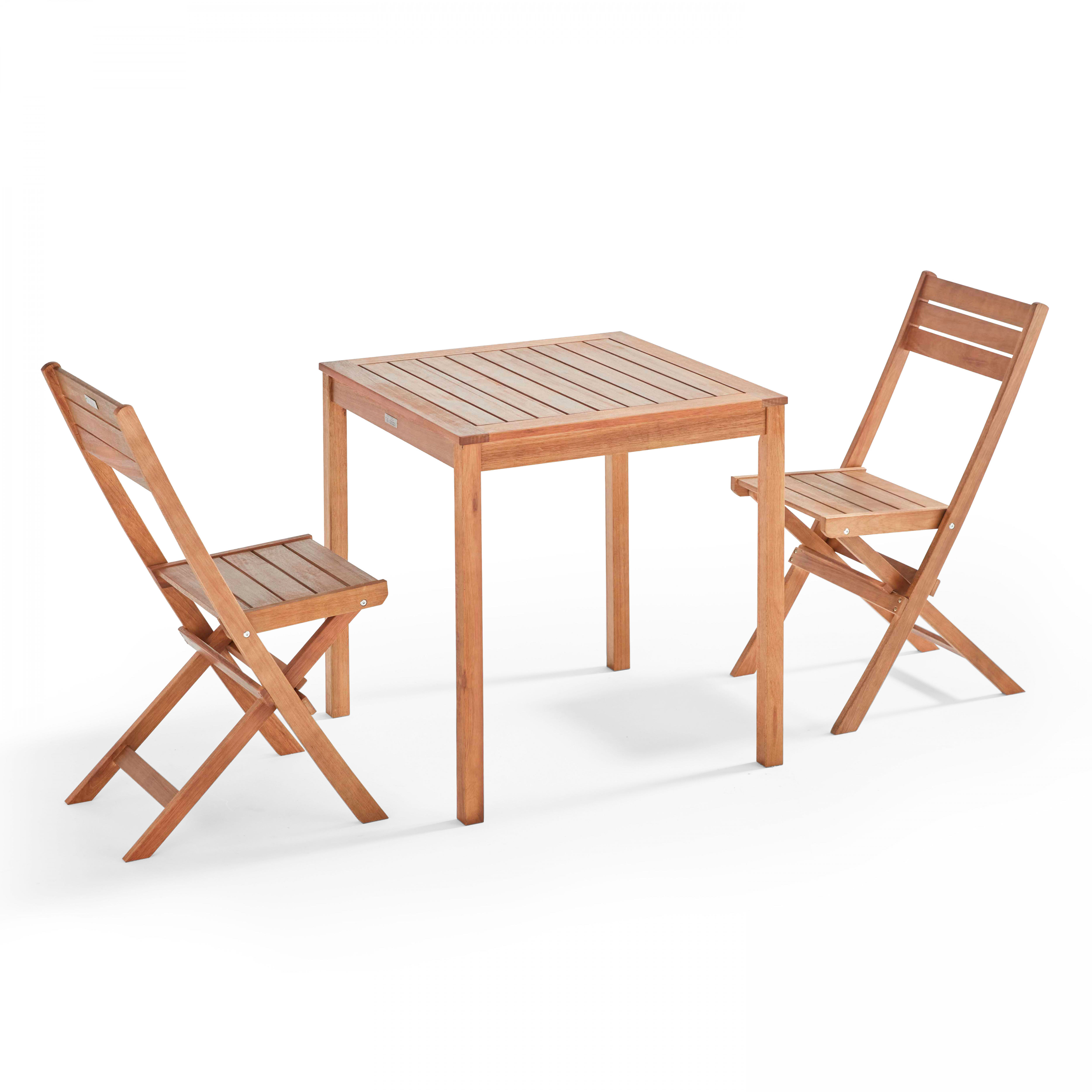 Ensemble table et 2 chaises pliantes en bois d'eucalyptus