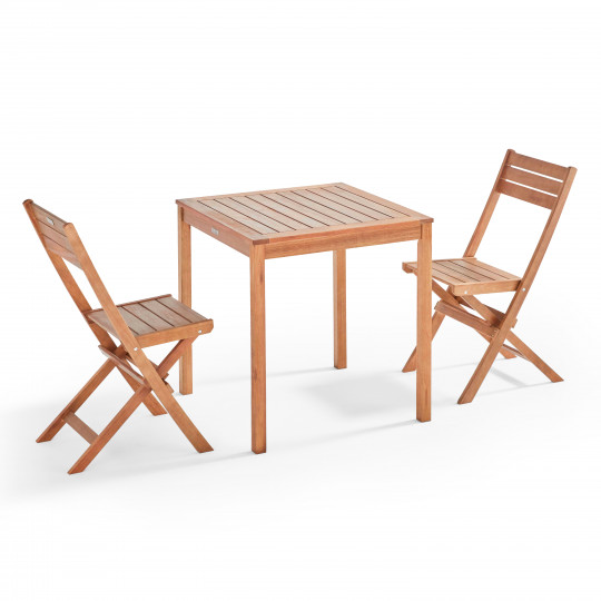 Ensemble table et 2 chaises pliantes en bois d'eucalyptus