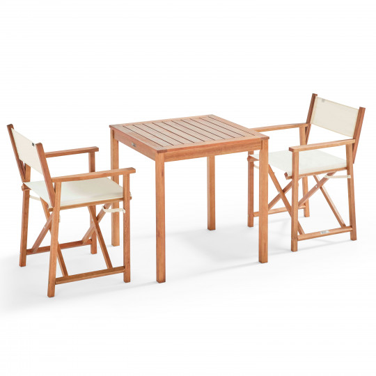 Table carrée (70 x 70 cm) en bois + 2 chaises pliantes