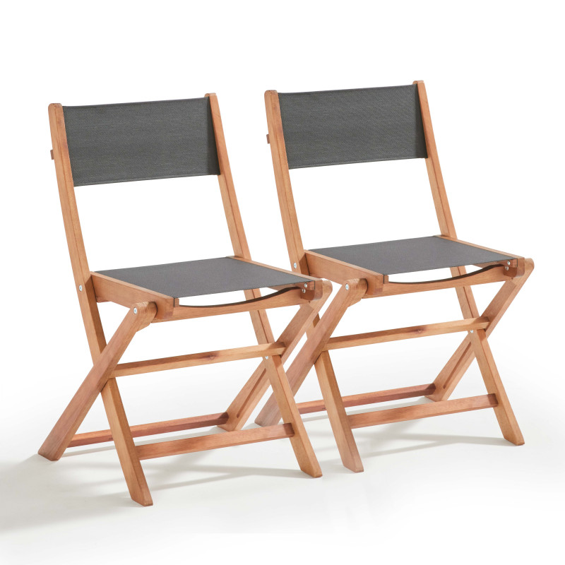 Lot de  2 chaises pliantes en bois d'eucalyptus + Textilène