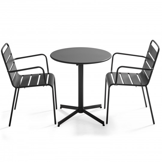 Table de jardin bistrot ronde inclinable en métal Ø70 cm et 2 chaises avec accoudoirs | Oviala