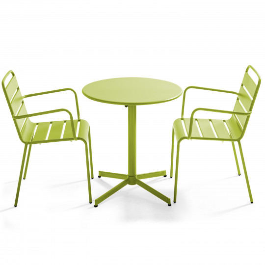 Table de jardin bistrot ronde inclinable en métal Ø70 cm et 2 chaises avec accoudoirs | Oviala