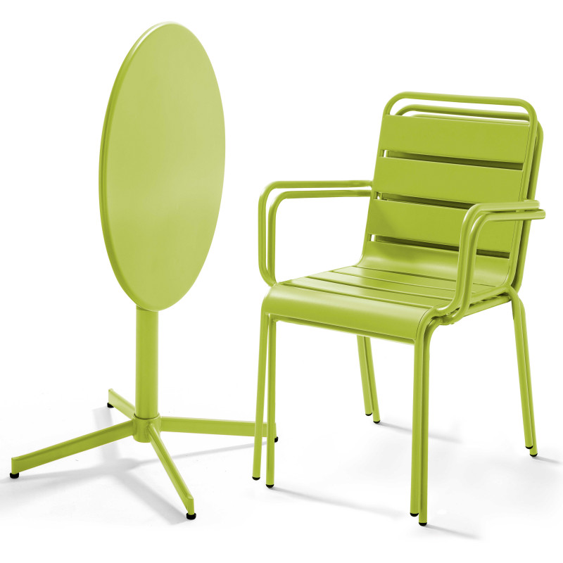 Table de jardin bistrot rabattable en métal ⌀70cm et 2 fauteuils
