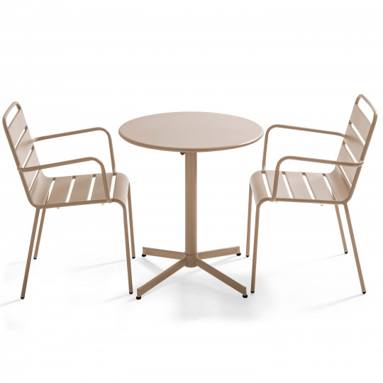 Table de jardin bistrot rabattable en métal ⌀70cm et 2 fauteuils