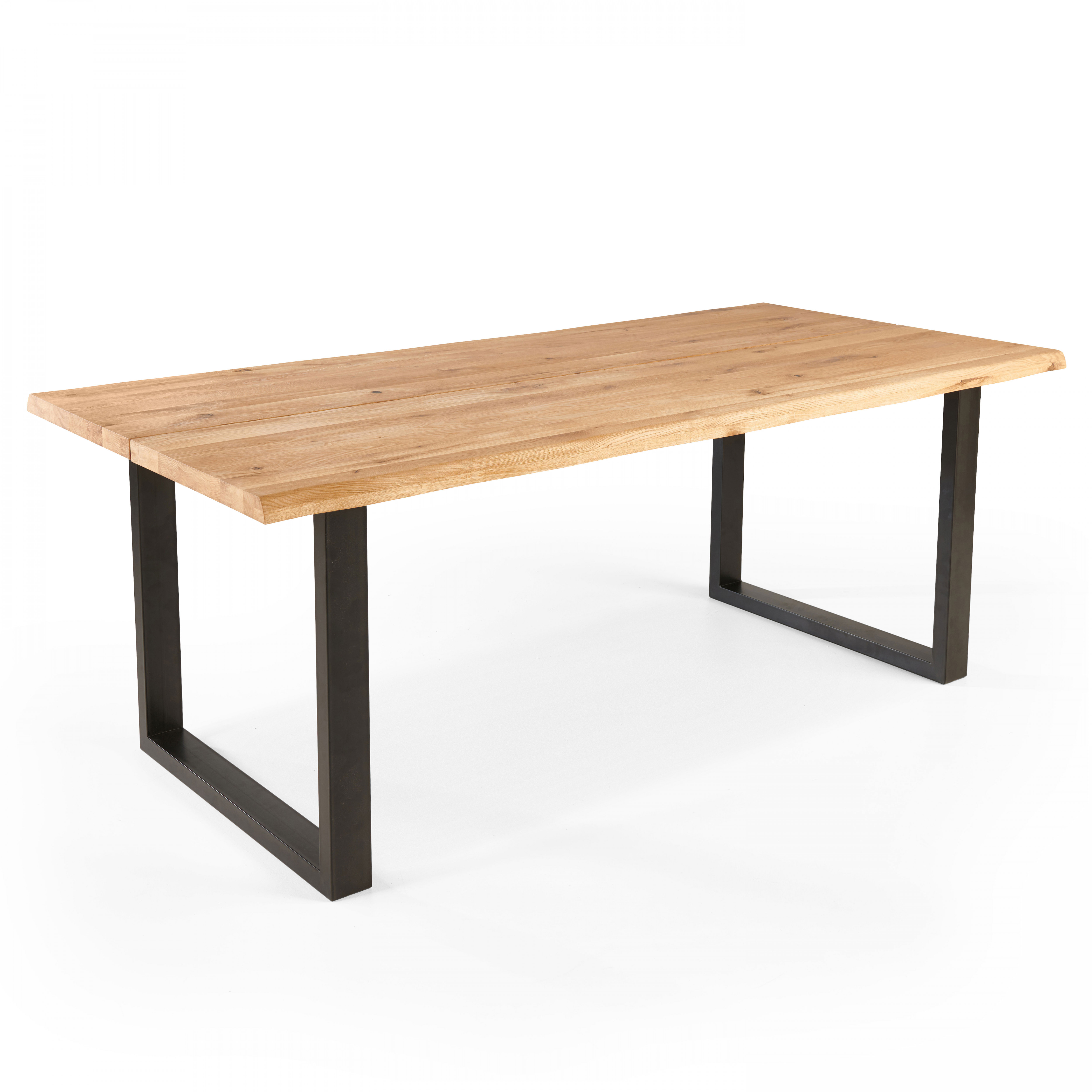 Table rectangulaire en chêne avec bords irréguliers et pieds en forme de U