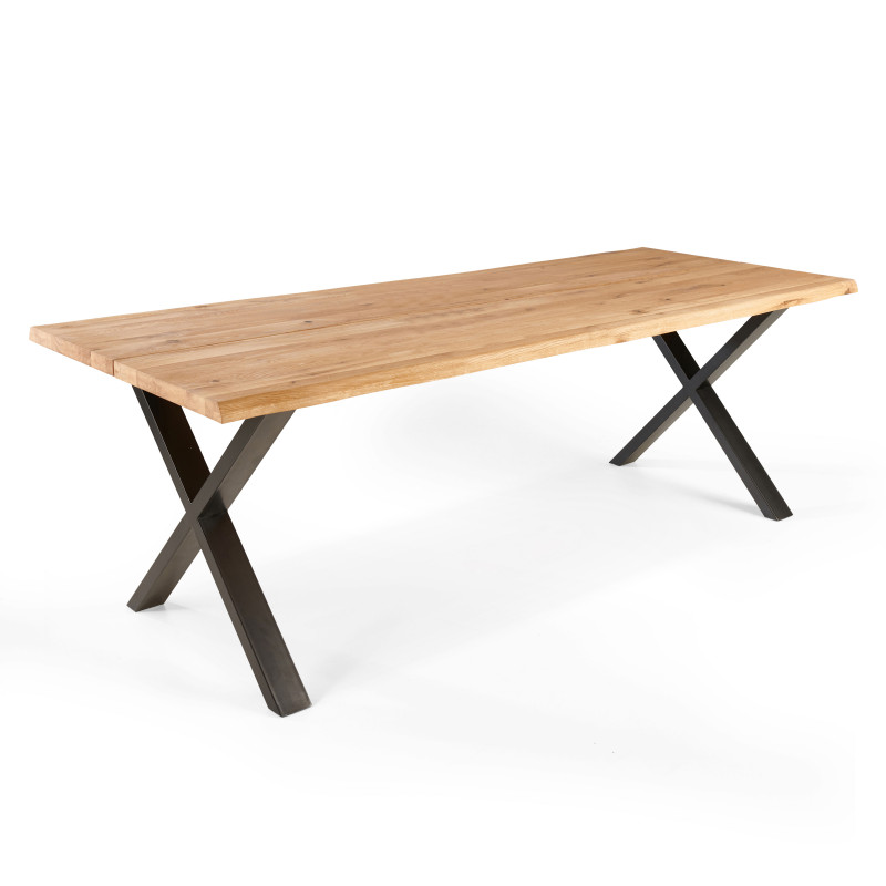 Table rectangulaire en chêne avec bords irréguliers et pieds en forme de croix