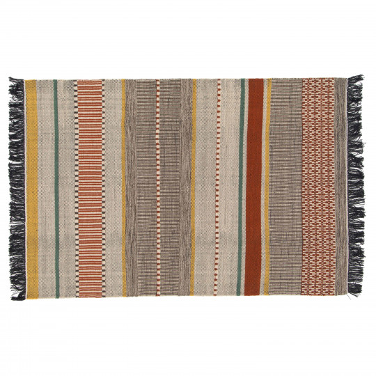 Tapis rectangulaire en laine tissé à plat avec motifs et franges