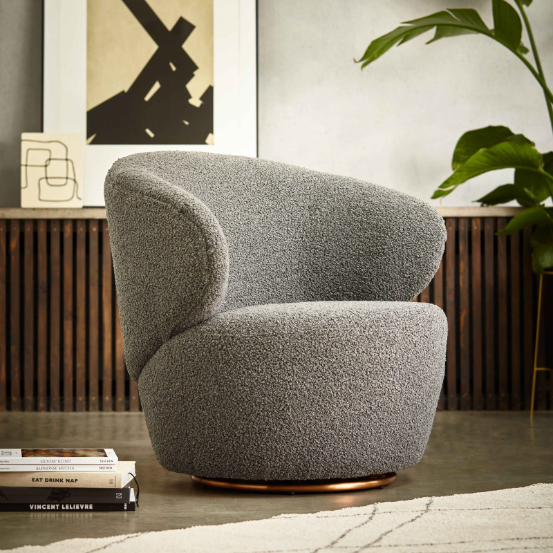 Fauteuil cosy en bouclette et bois FSC pivotant gris