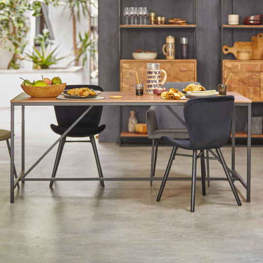 Table de Repas plateau en Hévéa recyclé naturel et pieds métal avec  croisillons 180x90x76cm LOFT, Tables à manger