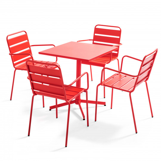 Table de jardin bistrot carrée rabattable et 4 chaises avec accoudoirs en métal