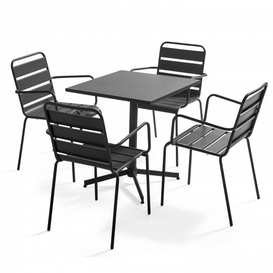 Table de jardin bistrot carrée rabattable et 4 chaises avec accoudoirs en métal