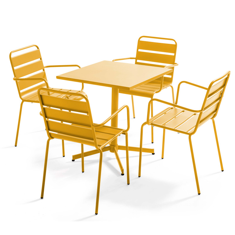 Table de jardin bistrot carrée rabattable et 4 chaises avec accoudoirs en métal