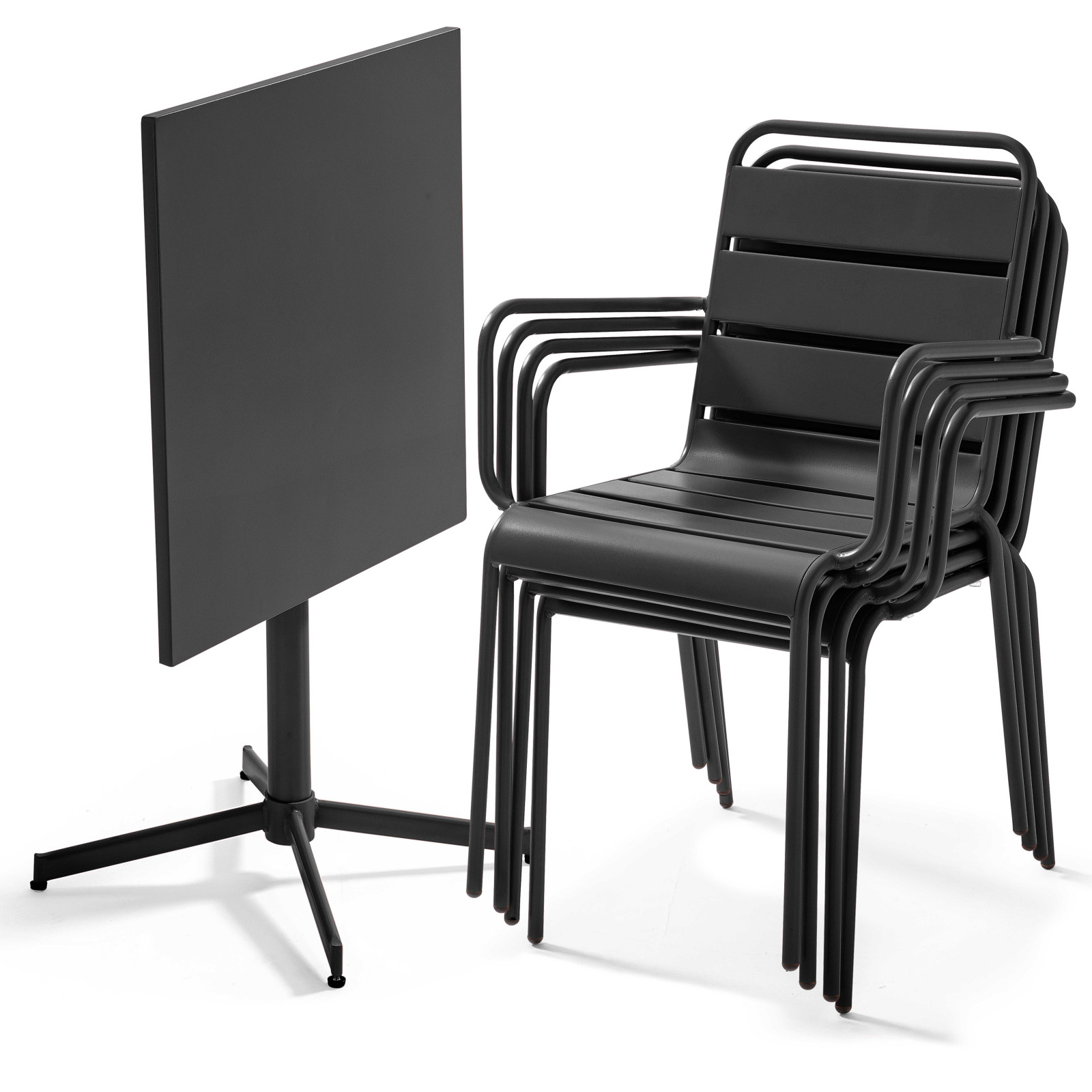 Table de jardin bistrot carrée rabattable et 4 chaises avec accoudoirs en métal