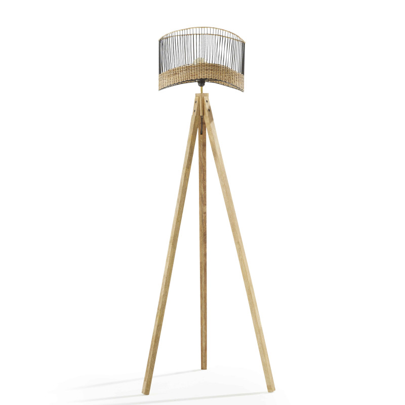 Lampadaire en manguier massif et rotin