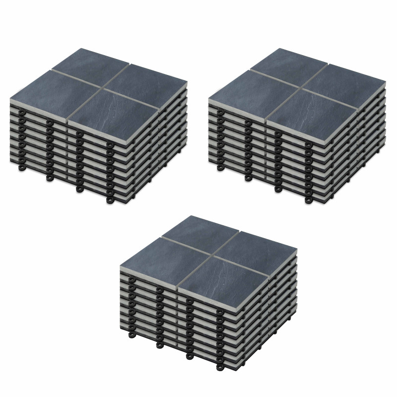 Lot dalles de terrasse clipsables à carreaux en pierre noire (30 x 30 x 2,5 cm)