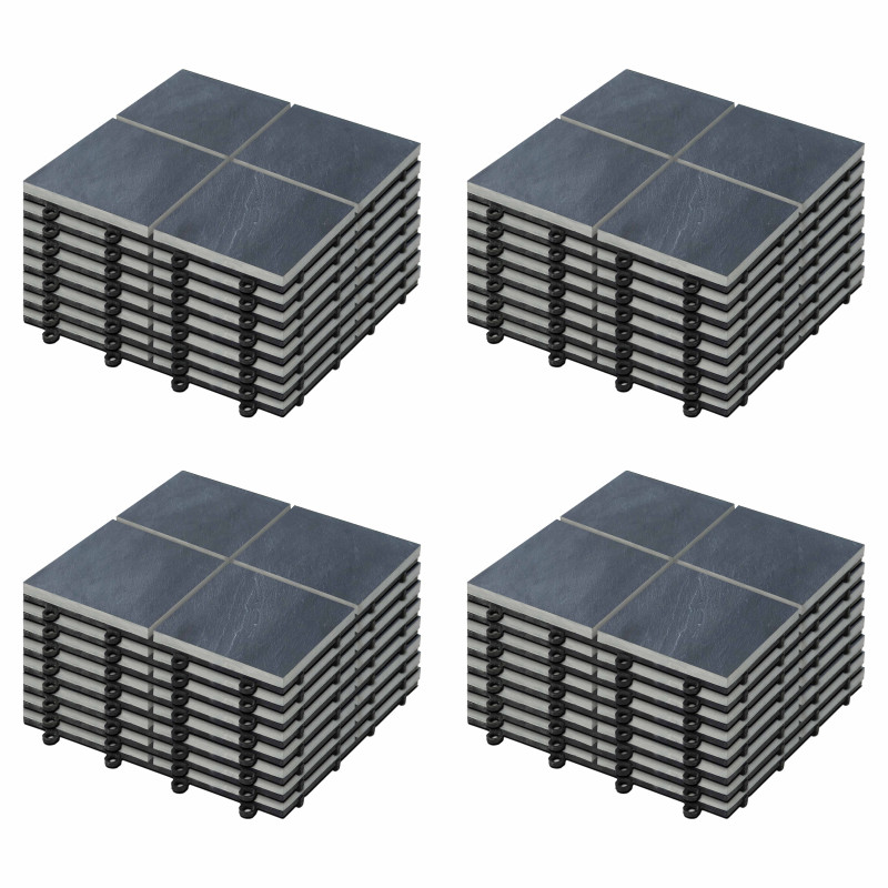 Lot dalles de terrasse clipsables à carreaux en pierre noire (30 x 30 x 2,5 cm)